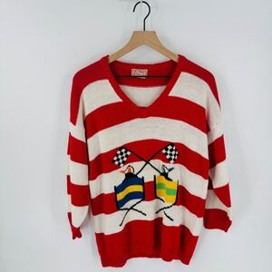Vintage Red White Striped V-Neck Sweater Racing Flags Novelty Knit Size L
